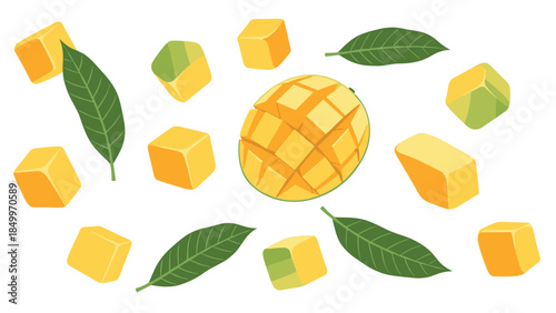 Fresh mango and diced fruit pieces with vibrant green leaves create a summery and tropical still life composition.