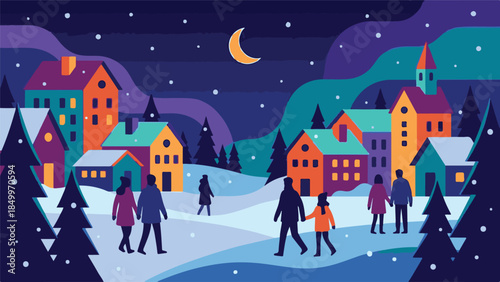 Festive Winter Night Scene: Colorful Village, People, and Northern Lights