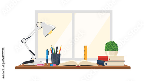 A brightly lit study desk with open book, stationery, and a small plant creates a cozy learning environment.