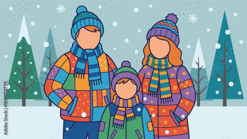 Happy family of three wearing warm clothes in a snowy winter landscape
