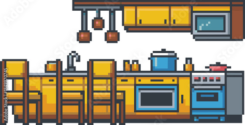 Pixel art modern kitchen interior furniture set, cabinets oven stove chairs sink lighting appliances, retro game style, isolated background