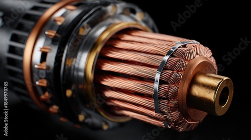 Close-up of a detailed electrical rotor, showing copper wire coils and metal components