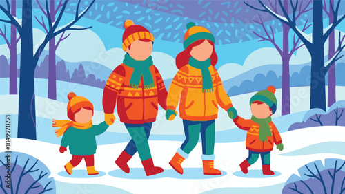Family walking in winter park, parents with children enjoying snowy day
