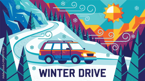 Winter drive illustration with car on snowy mountain road, sun and snowflakes