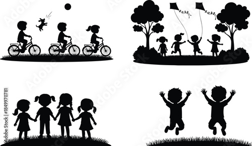Children silhouette illustration, kids playing together biking flying kites jumping friendship happiness childhood fun outdoor activities nature park joy teamwork freedom innocence family lifestyle