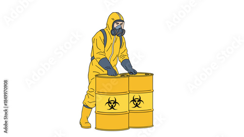 Hazmat worker in protective suit carefully handles two yellow barrels marked with biohazard symbols, ensuring safe containment.