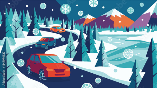 Winter road trip with cars driving on a snowy mountain pass illustration