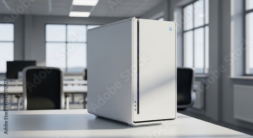 Modern white computer case on office desk (1)