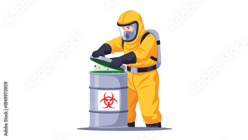 Protective suit clad worker carefully deposits hazardous material into a biohazard waste container, ensuring safety protocols are followed.