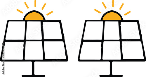 two set solar panel black line yellow sun icon set vector illustration 