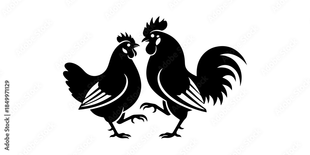 Fototapeta premium Black silhouette of rooster and hen facing each other, farm animals icon
