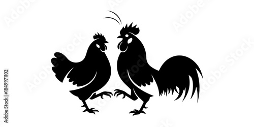 Black silhouette of a rooster and a hen dancing or fighting