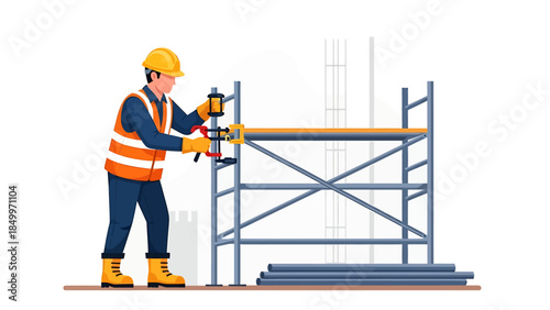 Construction worker assembling scaffolding on a building site.