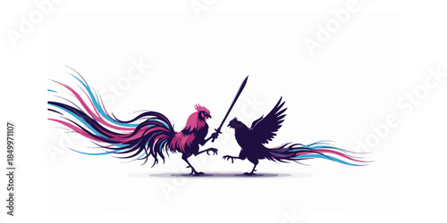 Two fighting roosters with swords silhouette illustration