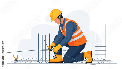 Construction worker diligently tying rebar on a building site.