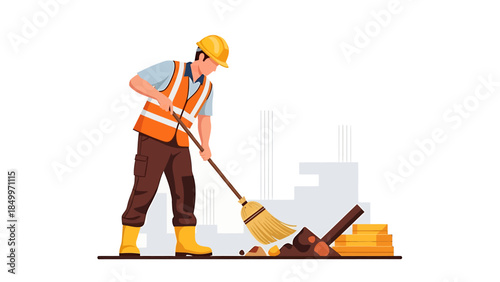 Construction worker cleaning debris with a broom.