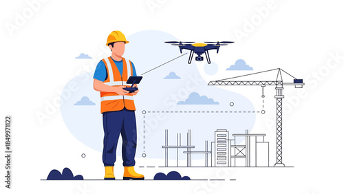 Construction worker controlling drone for site survey.