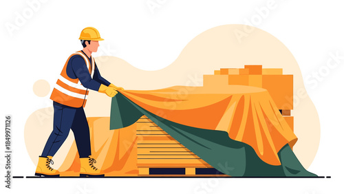 Construction worker covers cargo with tarp.