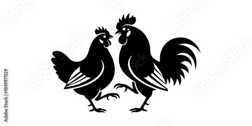 Black silhouette of rooster and hen facing each other, farm animals icon