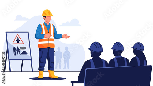 Construction worker giving safety training to a group of people.