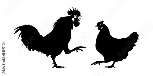 Silhouette of a rooster and a hen walking