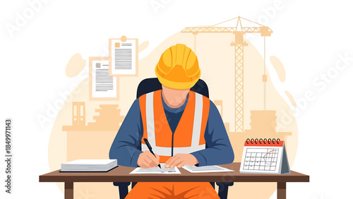 Construction worker in hard hat and safety vest writing at desk.