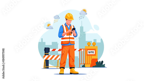 Construction worker in hard hat and safety vest using smartphone.
