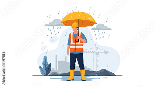 Construction worker holding umbrella in rain safety gear.