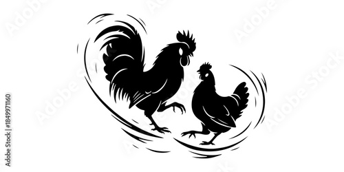 Black silhouette of a rooster and a hen with dynamic brush strokes isolated