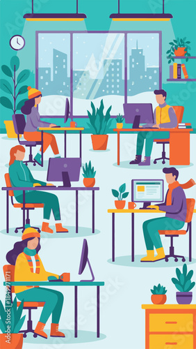Productive office environment with people working during winter
