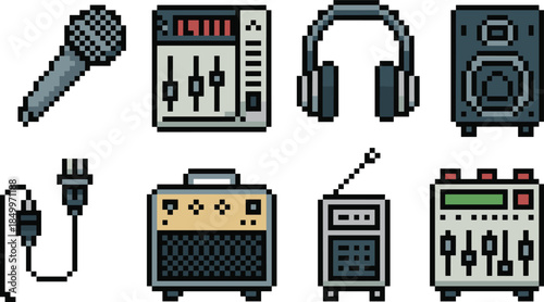 Pixel art music equipment icons set, microphone headphones speaker amplifier mixer audio devices, retro game style, isolated white background