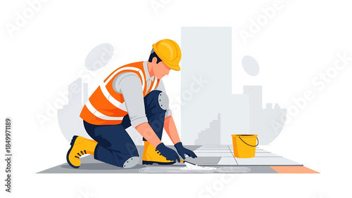 Construction worker in safety gear performing tasks on site.