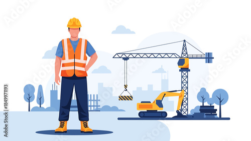 Construction worker in safety vest and hard hat standing confidently.