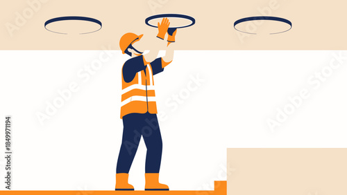 Construction worker installing ceiling lights in a building.