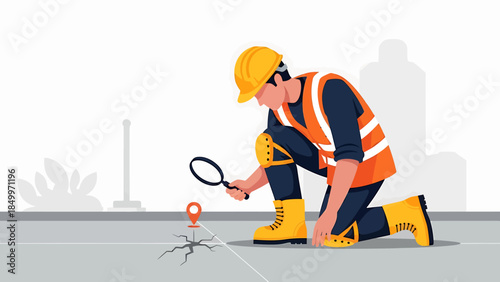 Construction worker inspecting a crack with a magnifying glass.