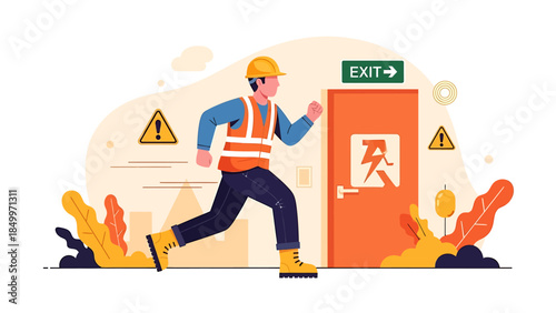 Construction worker running towards exit door during emergency evacuation.