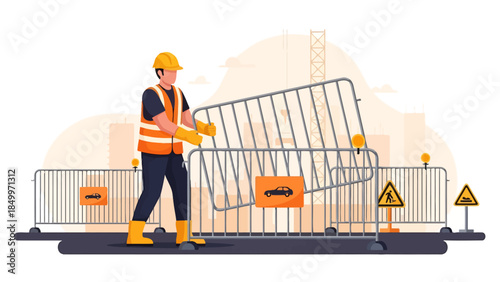 Construction worker setting up safety barriers at a site.