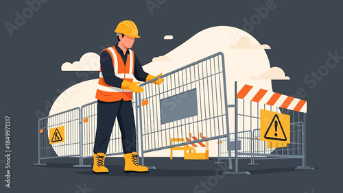 Construction worker setting up temporary safety barriers at a site.