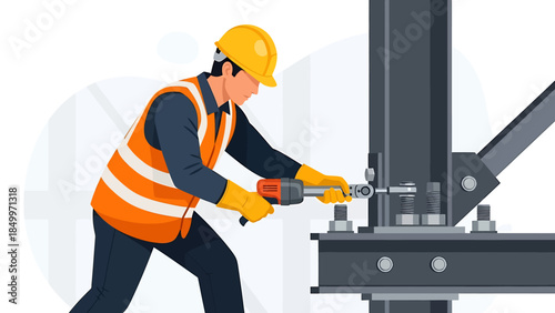 Construction worker using a drill on a steel beam.