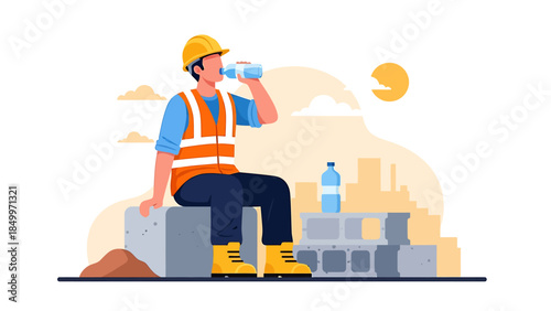 Construction worker taking a break and drinking water on a hot day.