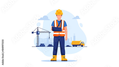 Construction worker with injured arm wearing safety vest and hard hat.