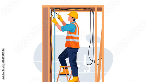 Electrician working on wiring inside a building construction.