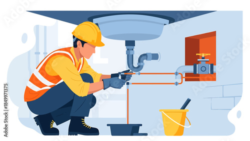 Plumber Fixing Sink Drain Pipes Underneath Kitchen Sink.