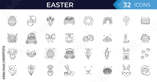 Easter doodle icon set. Spring holiday celebration eggs bunny flowers faith and family hand drawn vector illustration