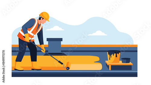 Roofer applying sealant with roller on building rooftop.