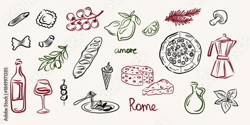 Hand drawn Italian food and culture clipart set in sketch doodle style. Mediterranean traditional cuisine elements. Vector illustration.