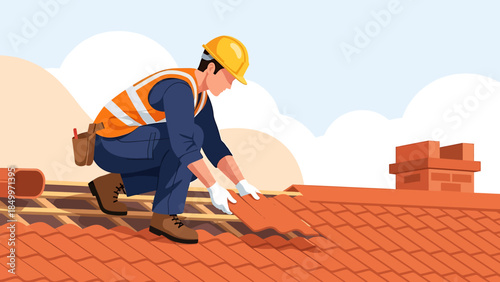 Roofer Installing New Tiles on a Residential Building.