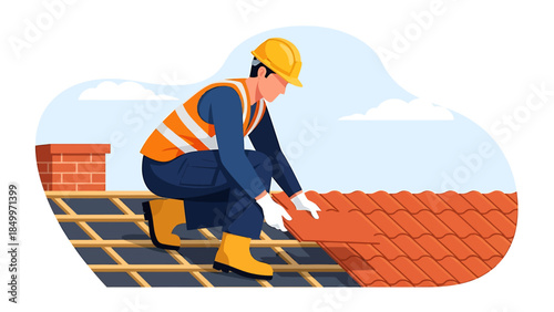 Roofer Installing New Tiles on a Residential Building.