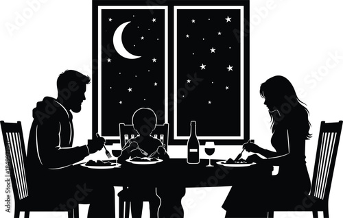 Family silhouette dining together at night, parents and child sharing dinner by window with moonlight, stars, cozy home interior illustration vector art concept background