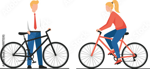 Flat, vector, illustration, of, man, and, woman, with, bicycles, urban, commuting, healthy, lifestyle, eco, friendly, transport, cycling, concept, isolated, on, white, background, design, style